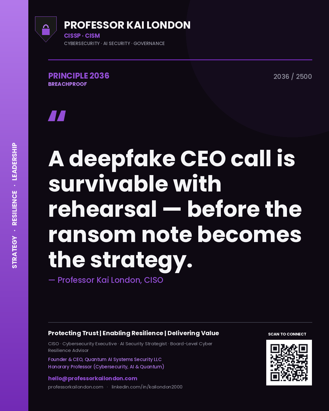 Quote card by Professor Kai London reading 'A deepfake CEO call is survivable with rehearsal — before the ransom note becomes the strategy.'. From the book Breachproof.