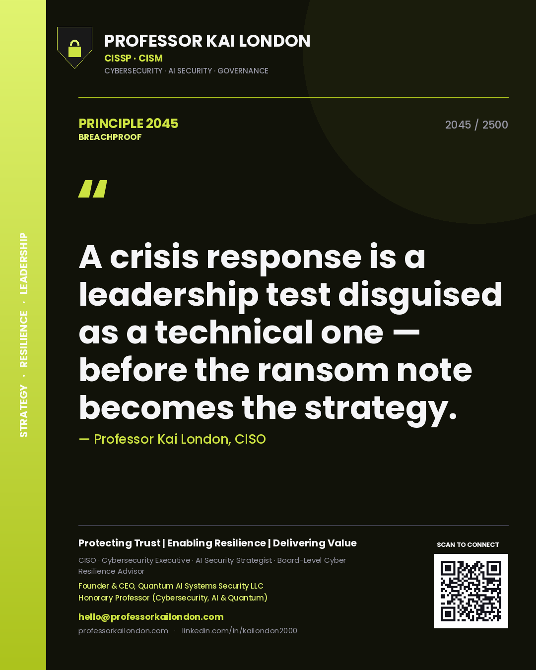 Professor Kai London principle 2045: A crisis response is a leadership test disguised as a technical one — before the ransom note becomes the strategy.