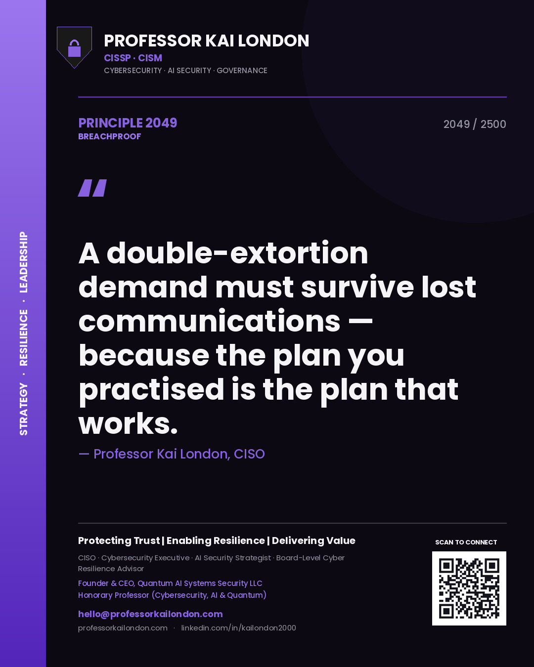 Quote card by Professor Kai London reading 'A double-extortion demand must survive lost communications — because the plan you practised is the plan that works.'. From the book Breachproof.