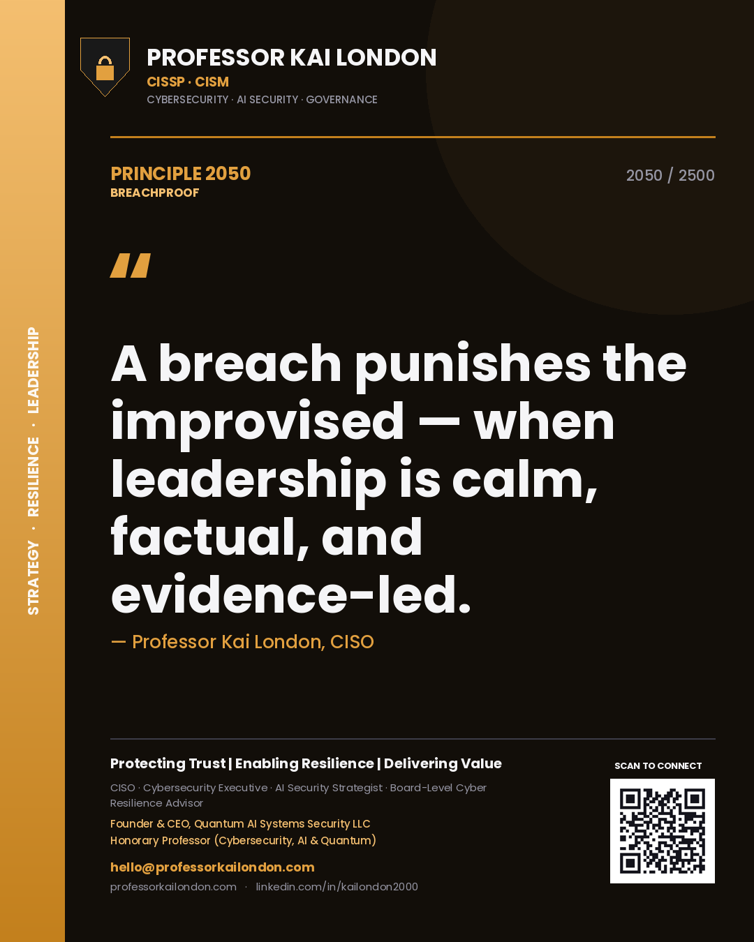 Quote card by Professor Kai London reading 'A breach punishes the improvised — when leadership is calm, factual, and evidence-led.'. From the book Breachproof.