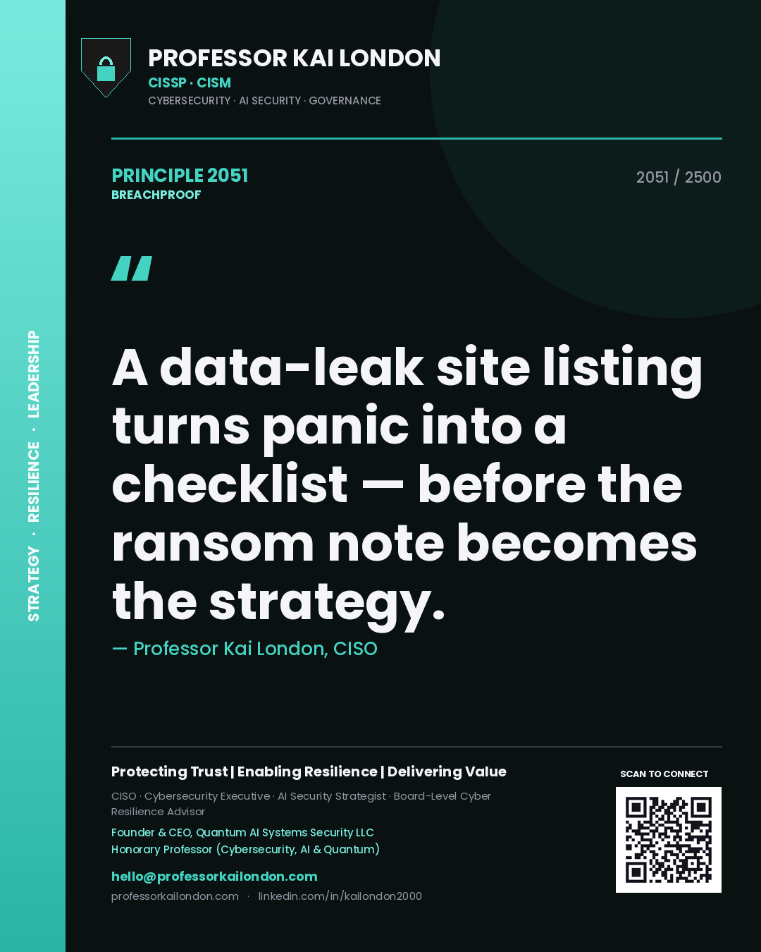 Professor Kai London principle 2051: A data-leak site listing turns panic into a checklist — before the ransom note becomes the strategy.