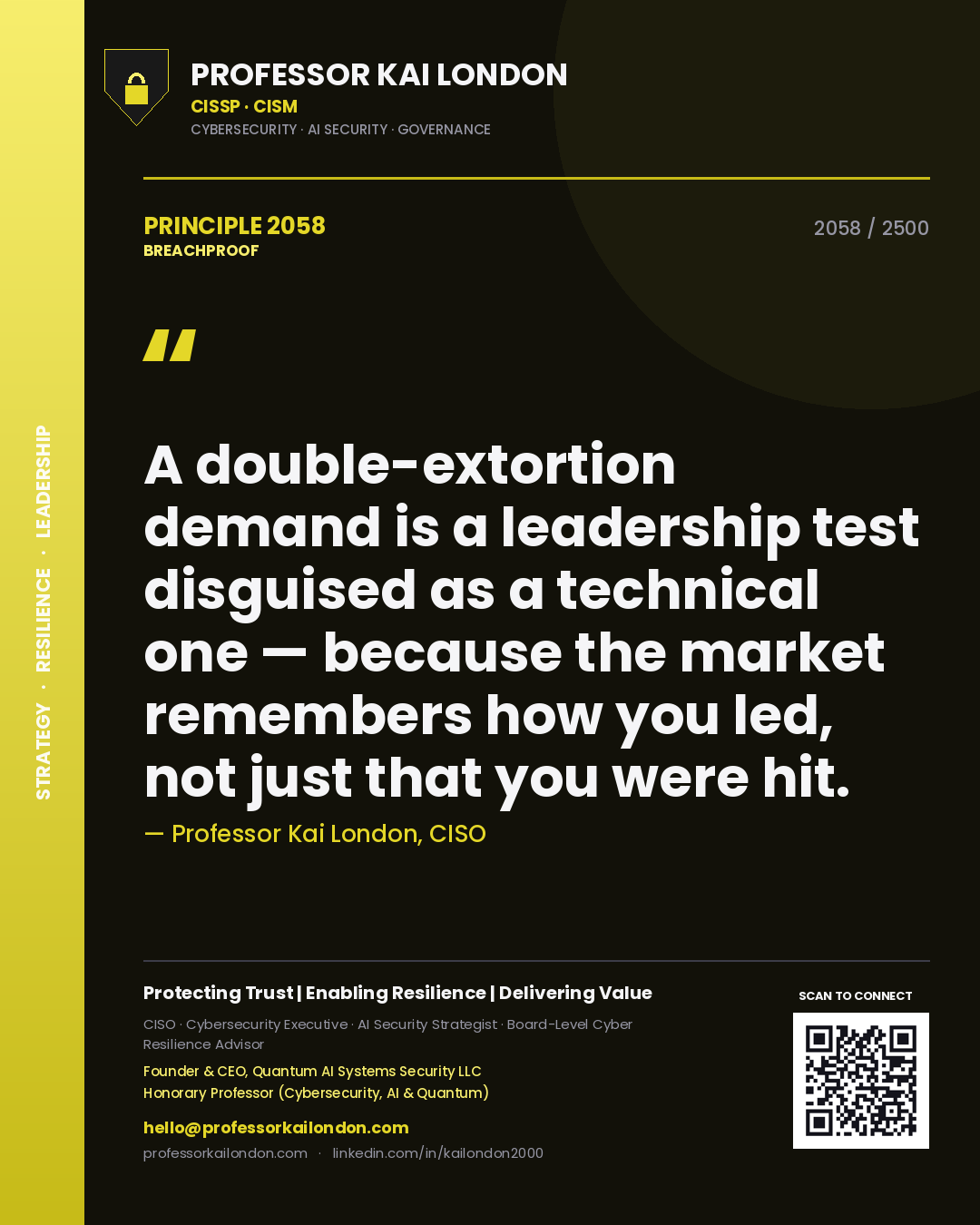 Professor Kai London principle 2058: A double-extortion demand is a leadership test disguised as a technical one — because the market remembers how you led, not just that you were hit.