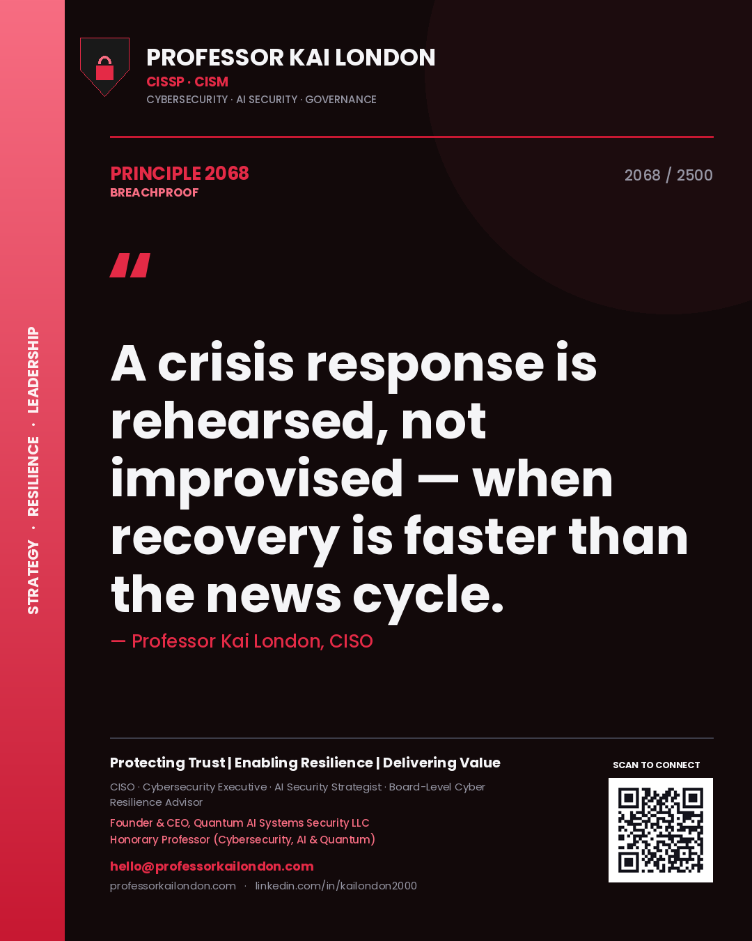 Quote card by Professor Kai London reading 'A crisis response is rehearsed, not improvised — when recovery is faster than the news cycle.'. From the book Breachproof.