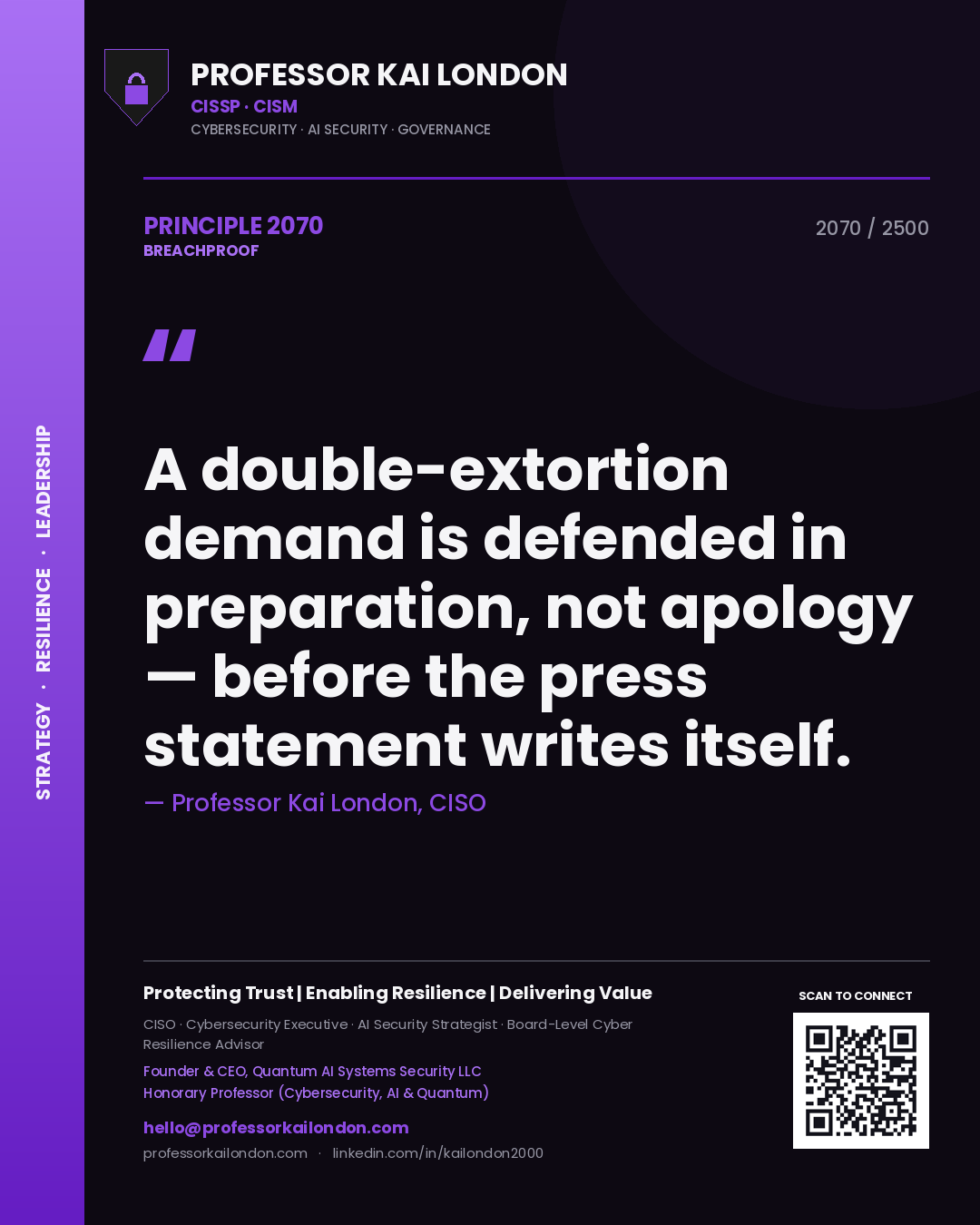 Professor Kai London principle 2070: A double-extortion demand is defended in preparation, not apology — before the press statement writes itself.