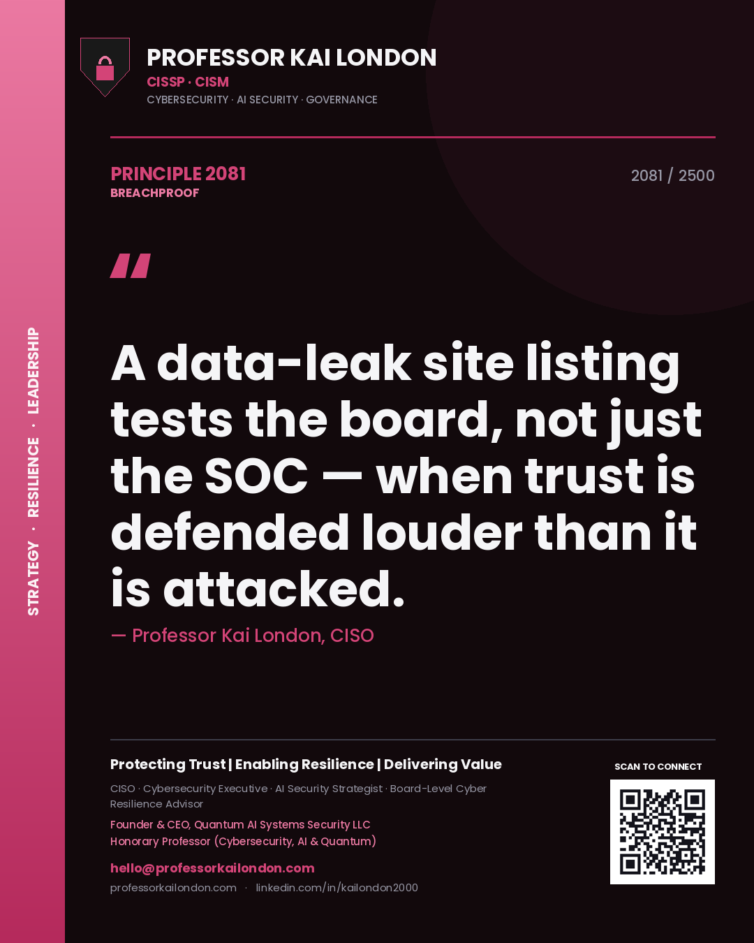 Professor Kai London principle 2081: A data-leak site listing tests the board, not just the SOC — when trust is defended louder than it is attacked.