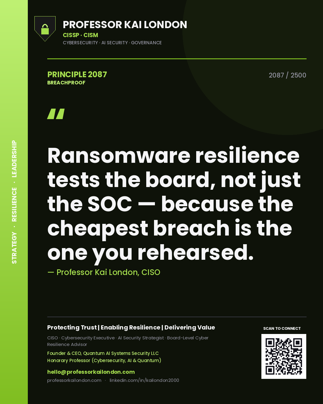 Quote card by Professor Kai London reading 'Ransomware resilience tests the board, not just the SOC — because the cheapest breach is the one you rehearsed.'. From the book Breachproof.