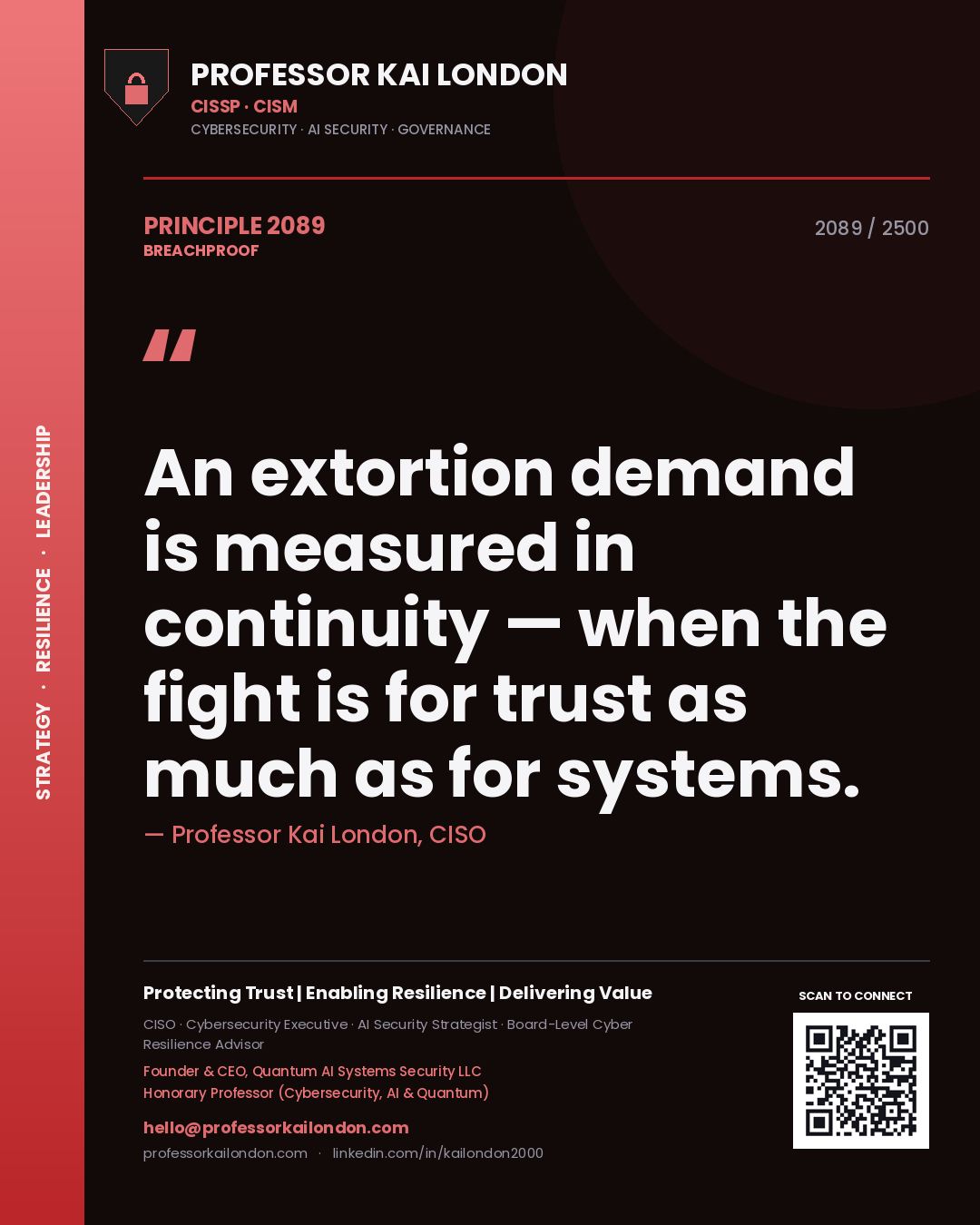 Professor Kai London principle 2089: An extortion demand is measured in continuity — when the fight is for trust as much as for systems.