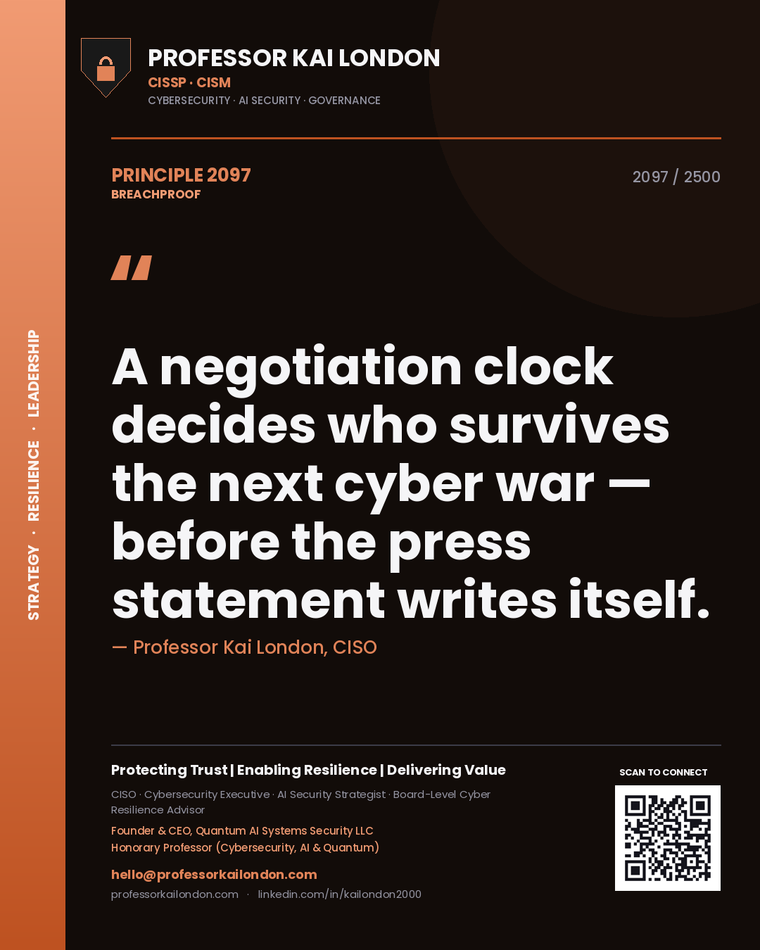 Quote card by Professor Kai London reading 'A negotiation clock decides who survives the next cyber war — before the press statement writes itself.'. From the book Breachproof.