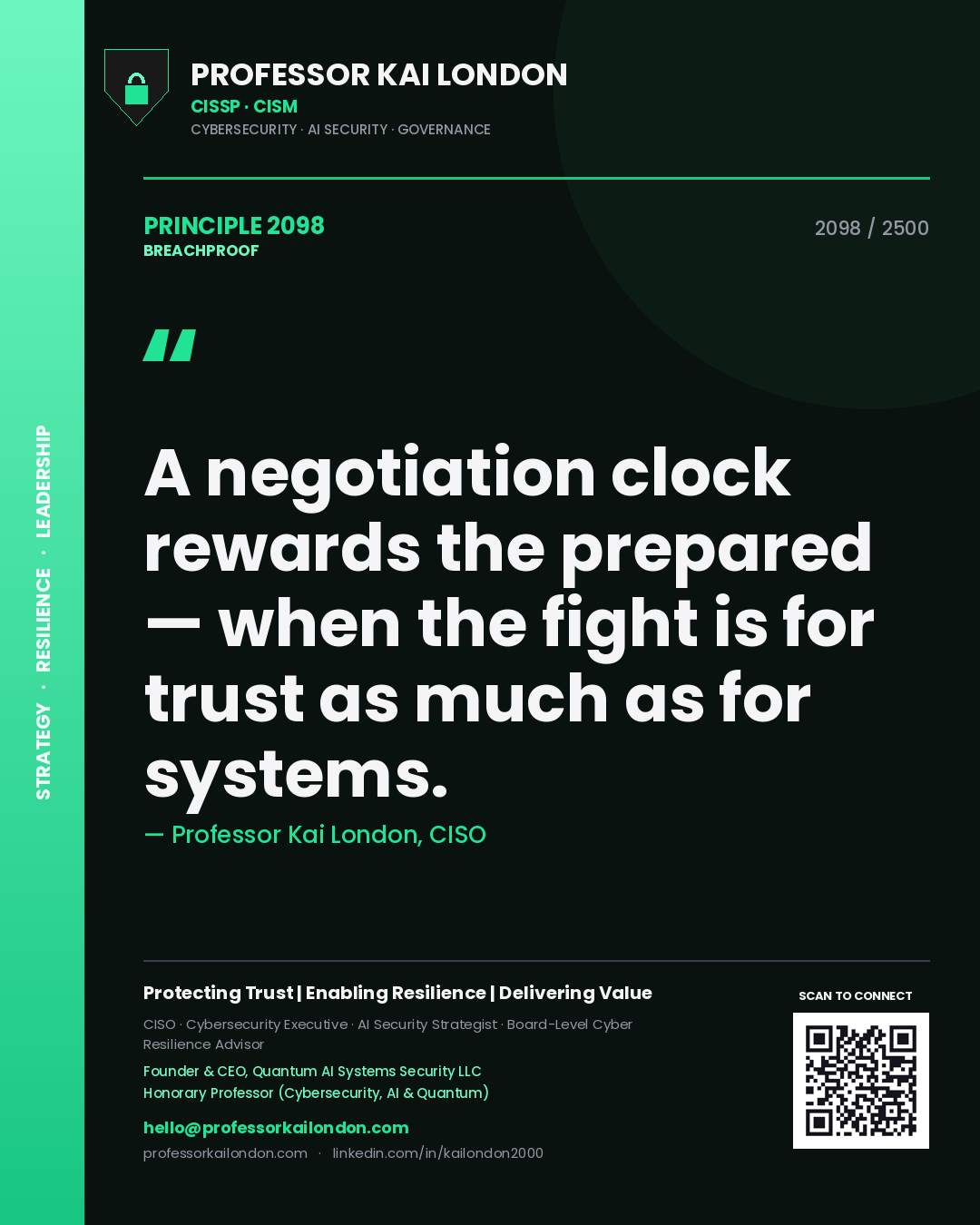 Quote card by Professor Kai London reading 'A negotiation clock rewards the prepared — when the fight is for trust as much as for systems.'. From the book Breachproof.