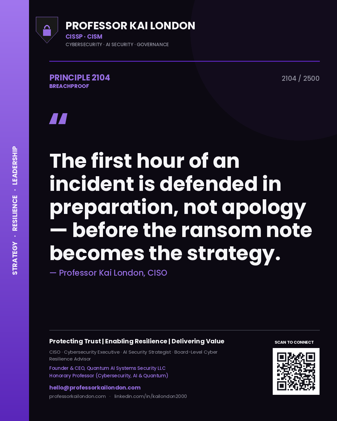 Quote card by Professor Kai London reading 'The first hour of an incident is defended in preparation, not apology — before the ransom note becomes the strategy.'. From the book Breachproof.