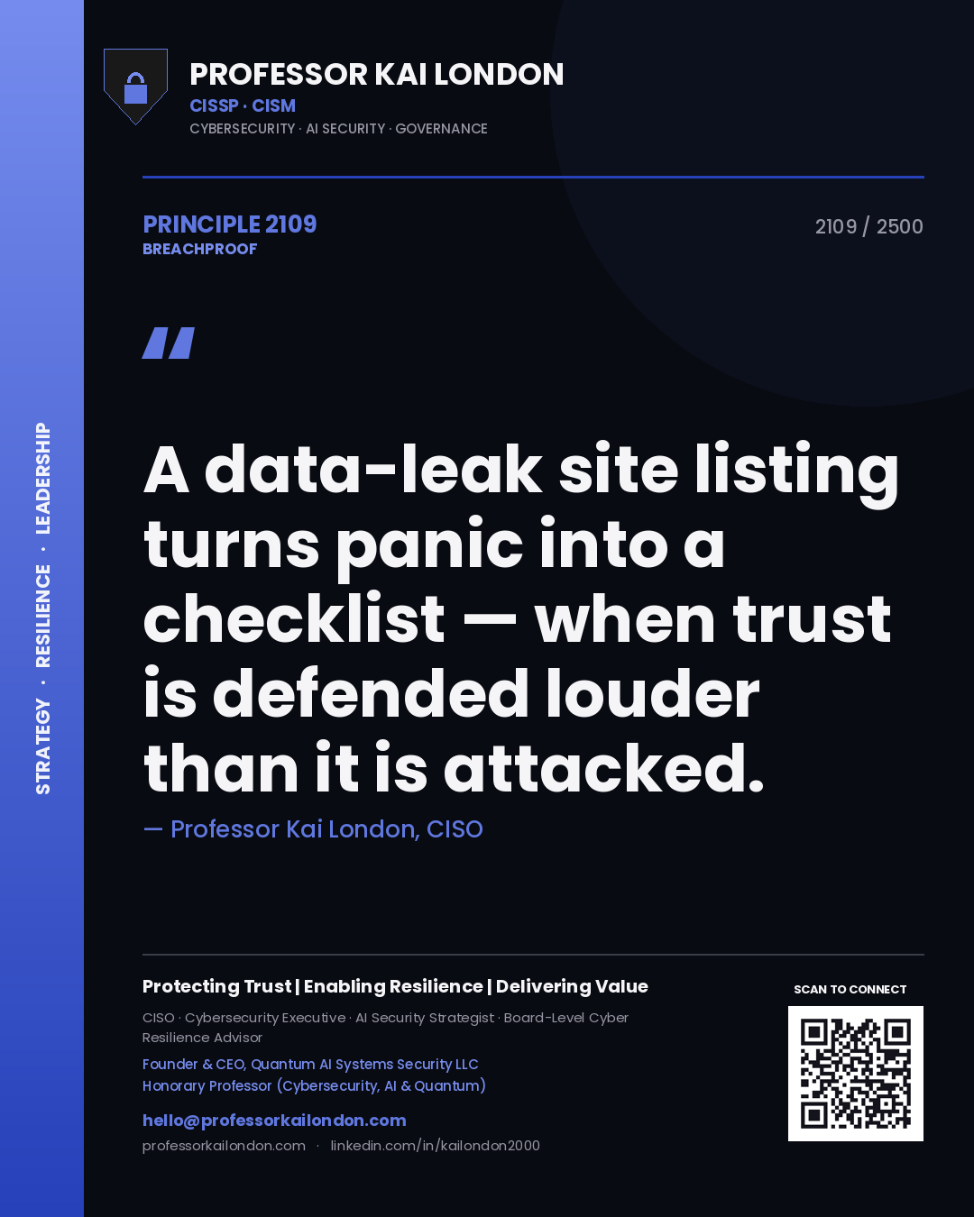Quote card by Professor Kai London reading 'A data-leak site listing turns panic into a checklist — when trust is defended louder than it is attacked.'. From the book Breachproof.