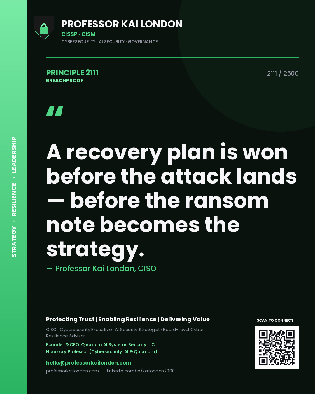 Quote card by Professor Kai London reading 'A recovery plan is won before the attack lands — before the ransom note becomes the strategy.'. From the book Breachproof.