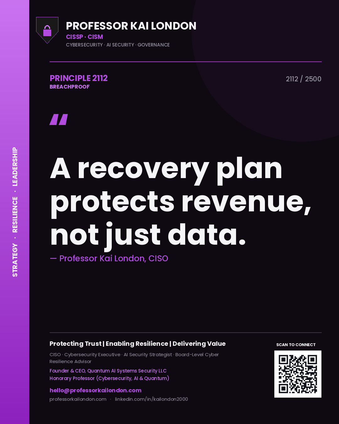 Quote card by Professor Kai London reading 'A recovery plan protects revenue, not just data.'. From the book Breachproof.