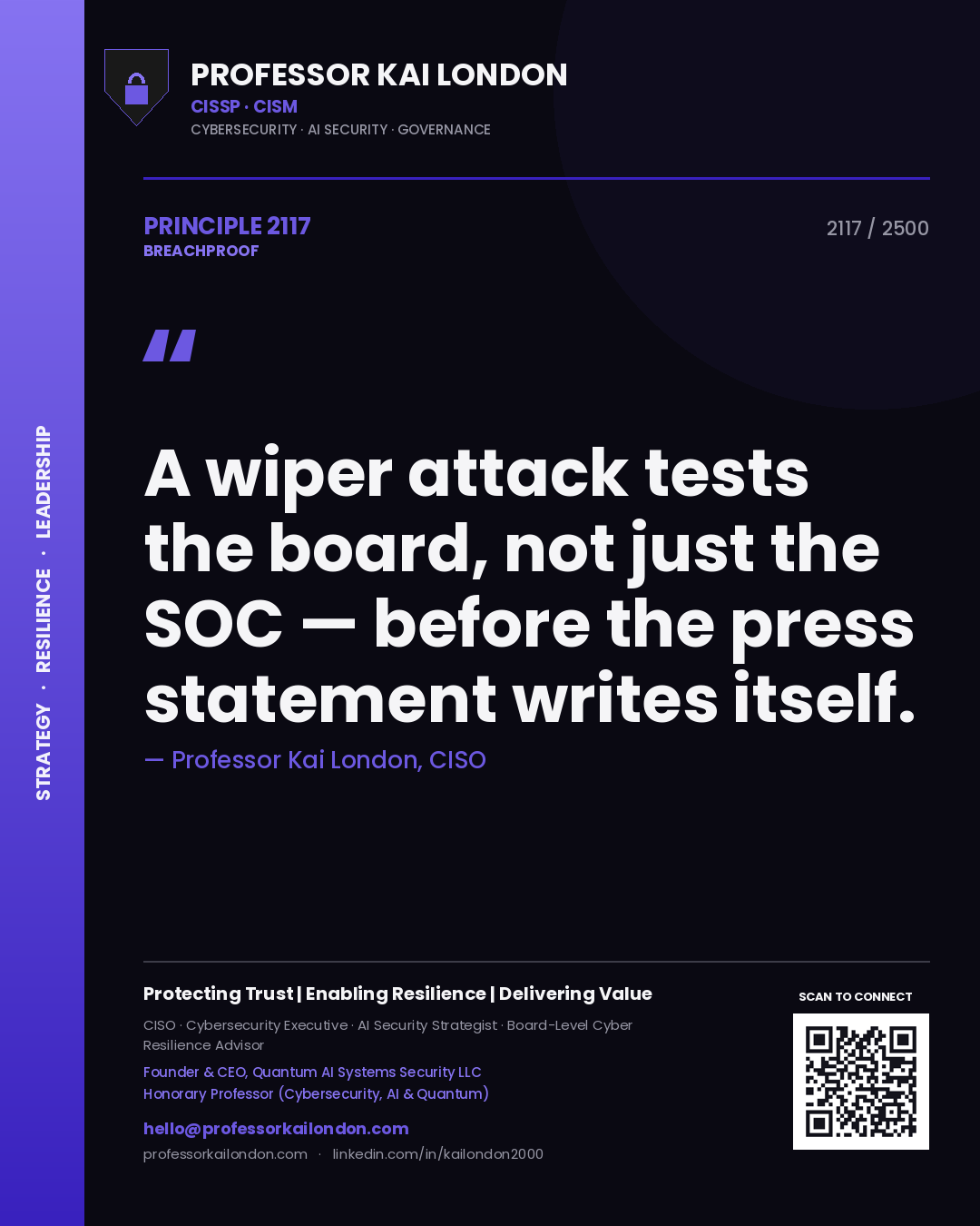 Quote card by Professor Kai London reading 'A wiper attack tests the board, not just the SOC — before the press statement writes itself.'. From the book Breachproof.
