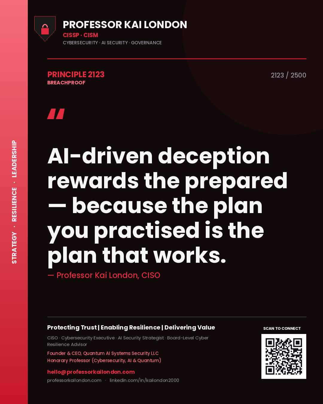 Quote card by Professor Kai London reading 'AI-driven deception rewards the prepared — because the plan you practised is the plan that works.'. From the book Breachproof.