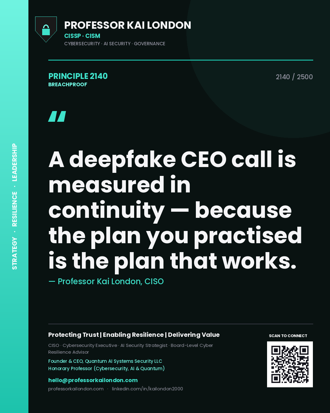Quote card by Professor Kai London reading 'A deepfake CEO call is measured in continuity — because the plan you practised is the plan that works.'. From the book Breachproof.