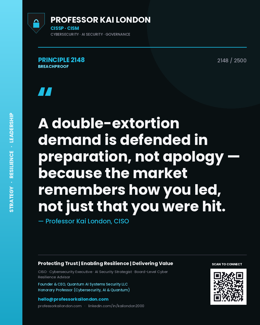Quote card by Professor Kai London reading 'A double-extortion demand is defended in preparation, not apology — because the market remembers how you led, not just that you were hit.'. From the book Breachproof.