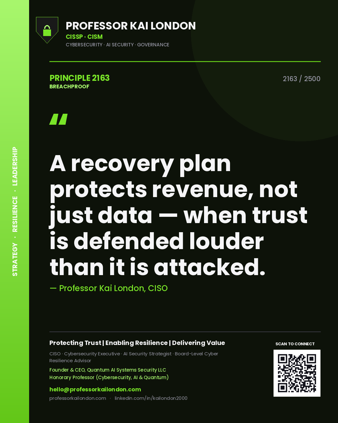 Quote card by Professor Kai London reading 'A recovery plan protects revenue, not just data — when trust is defended louder than it is attacked.'. From the book Breachproof.