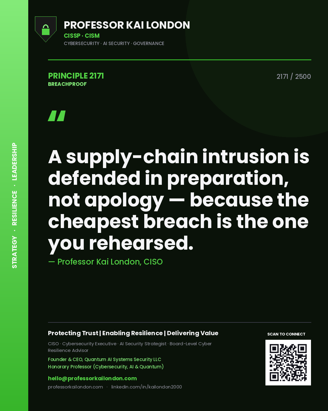 Quote card by Professor Kai London reading 'A supply-chain intrusion is defended in preparation, not apology — because the cheapest breach is the one you rehearsed.'. From the book Breachproof.