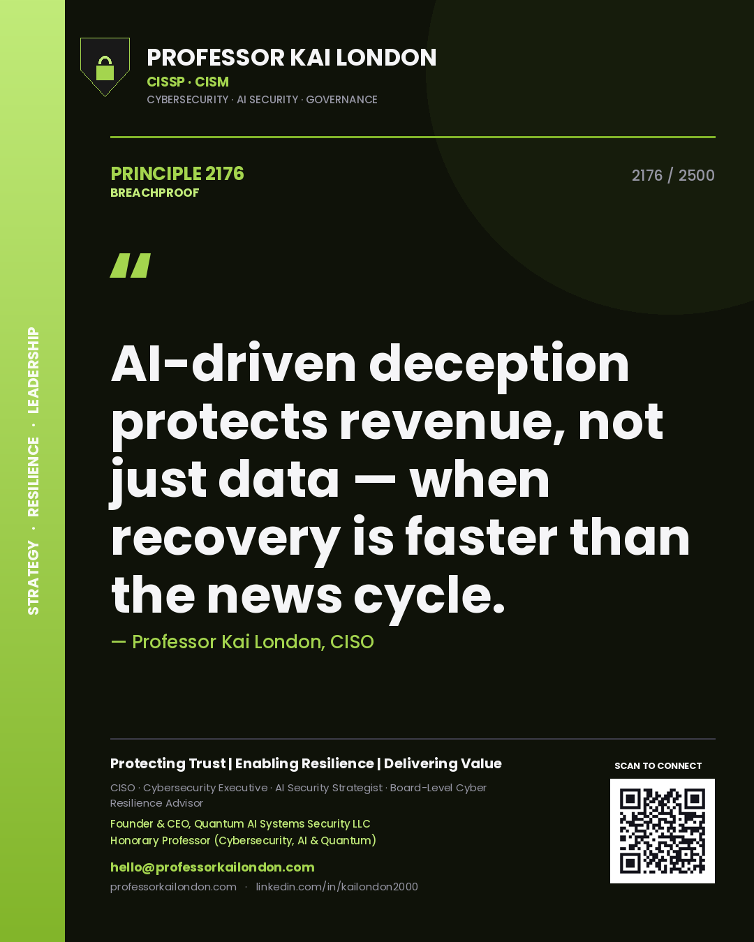 Quote card by Professor Kai London reading 'AI-driven deception protects revenue, not just data — when recovery is faster than the news cycle.'. From the book Breachproof.