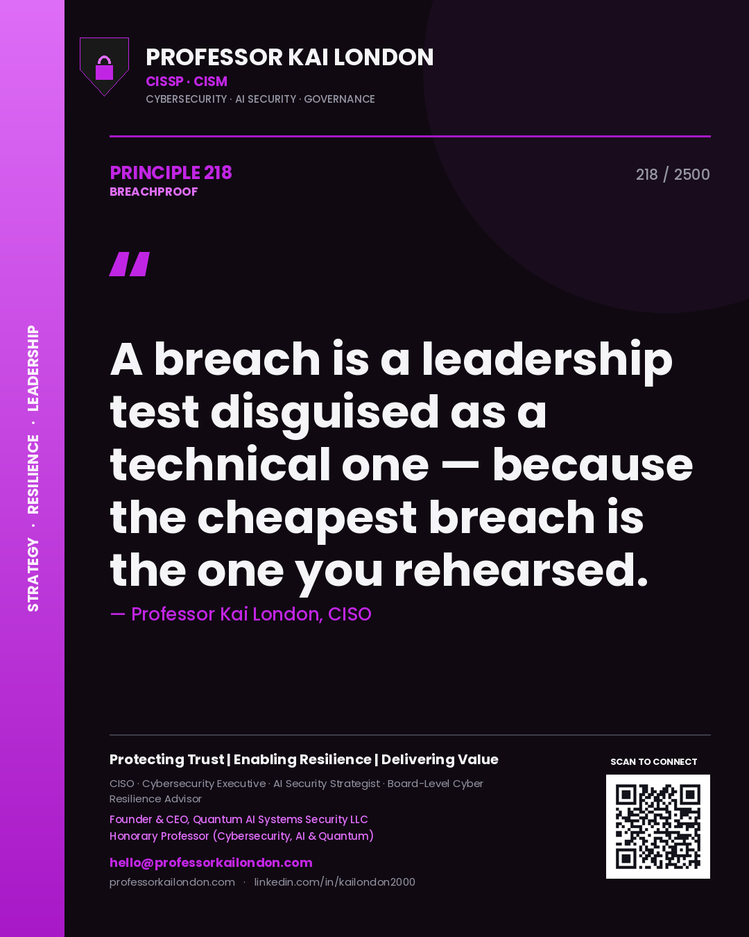 Professor Kai London principle 218: A breach is a leadership test disguised as a technical one — because the cheapest breach is the one you rehearsed.