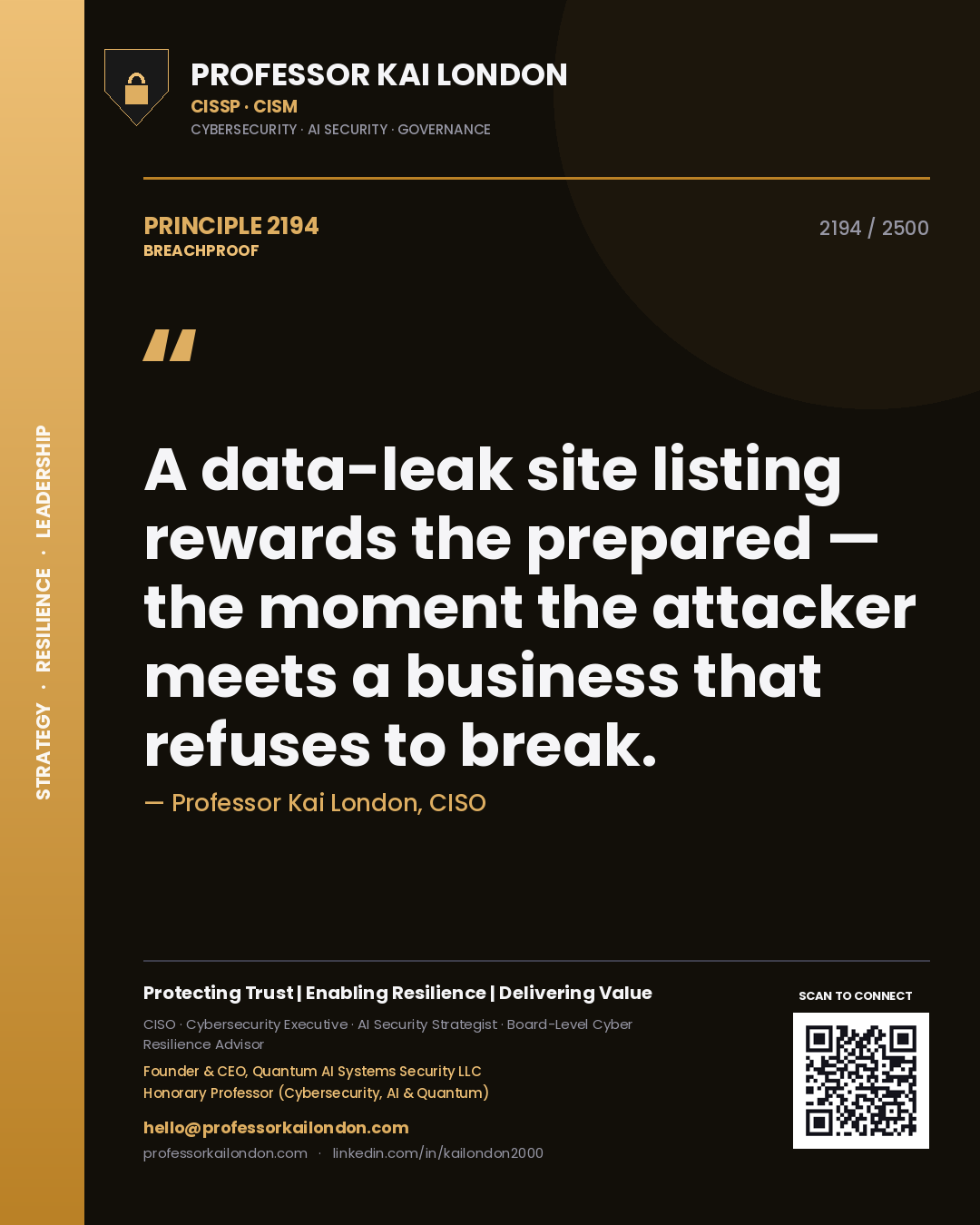 Quote card by Professor Kai London reading 'A data-leak site listing rewards the prepared — the moment the attacker meets a business that refuses to break.'. From the book Breachproof.
