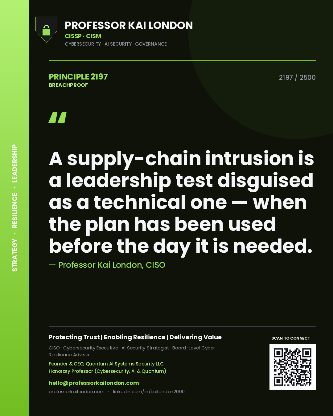 Quote card by Professor Kai London reading 'A supply-chain intrusion is a leadership test disguised as a technical one — when the plan has been used before the day it is needed.'. From the book Breachproof.