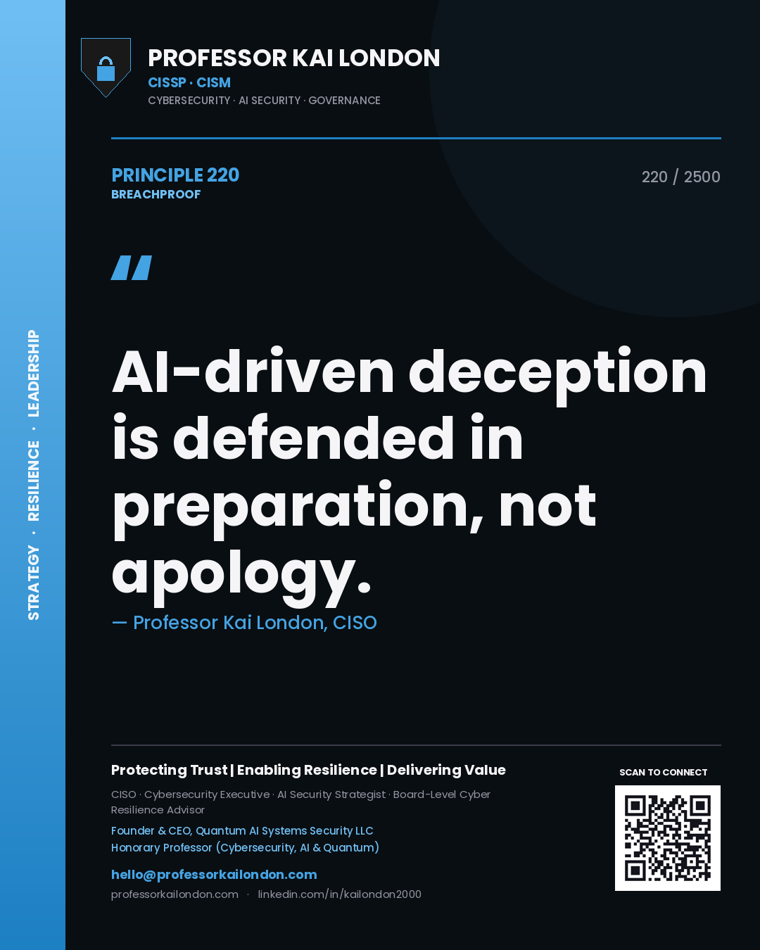 Professor Kai London principle 220: AI-driven deception is defended in preparation, not apology.