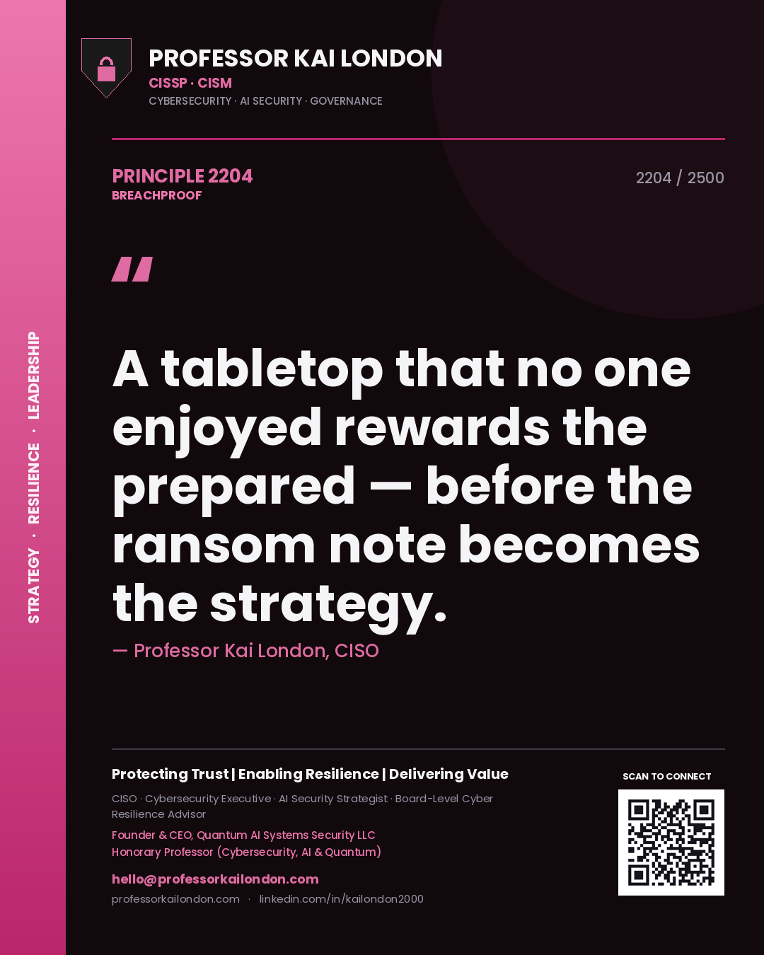 Quote card by Professor Kai London reading 'A tabletop that no one enjoyed rewards the prepared — before the ransom note becomes the strategy.'. From the book Breachproof.