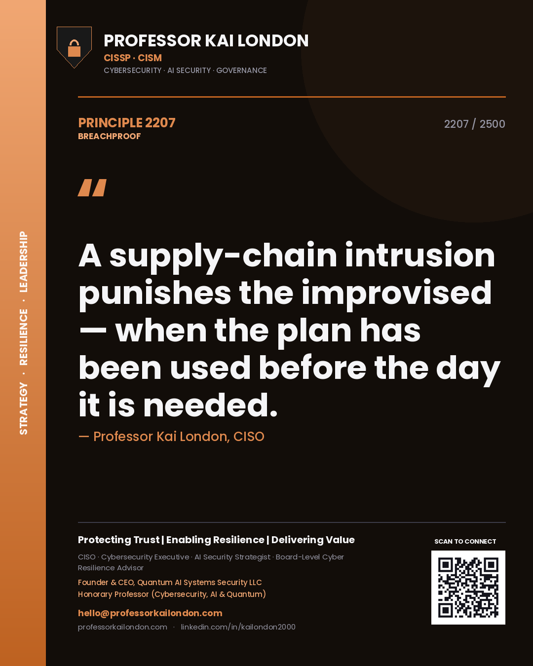 Quote card by Professor Kai London reading 'A supply-chain intrusion punishes the improvised — when the plan has been used before the day it is needed.'. From the book Breachproof.