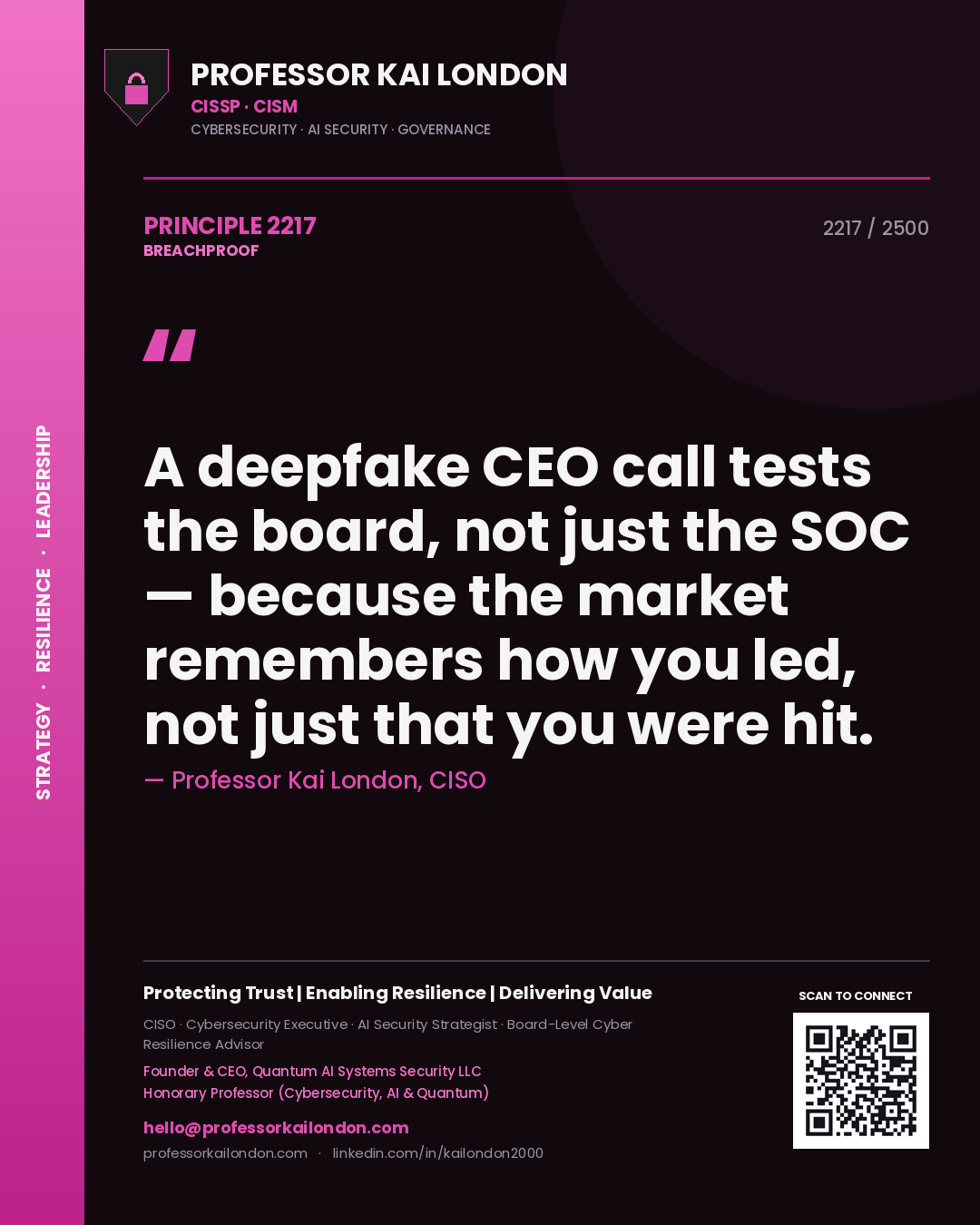 Professor Kai London principle 2217: A deepfake CEO call tests the board, not just the SOC — because the market remembers how you led, not just that you were hit.
