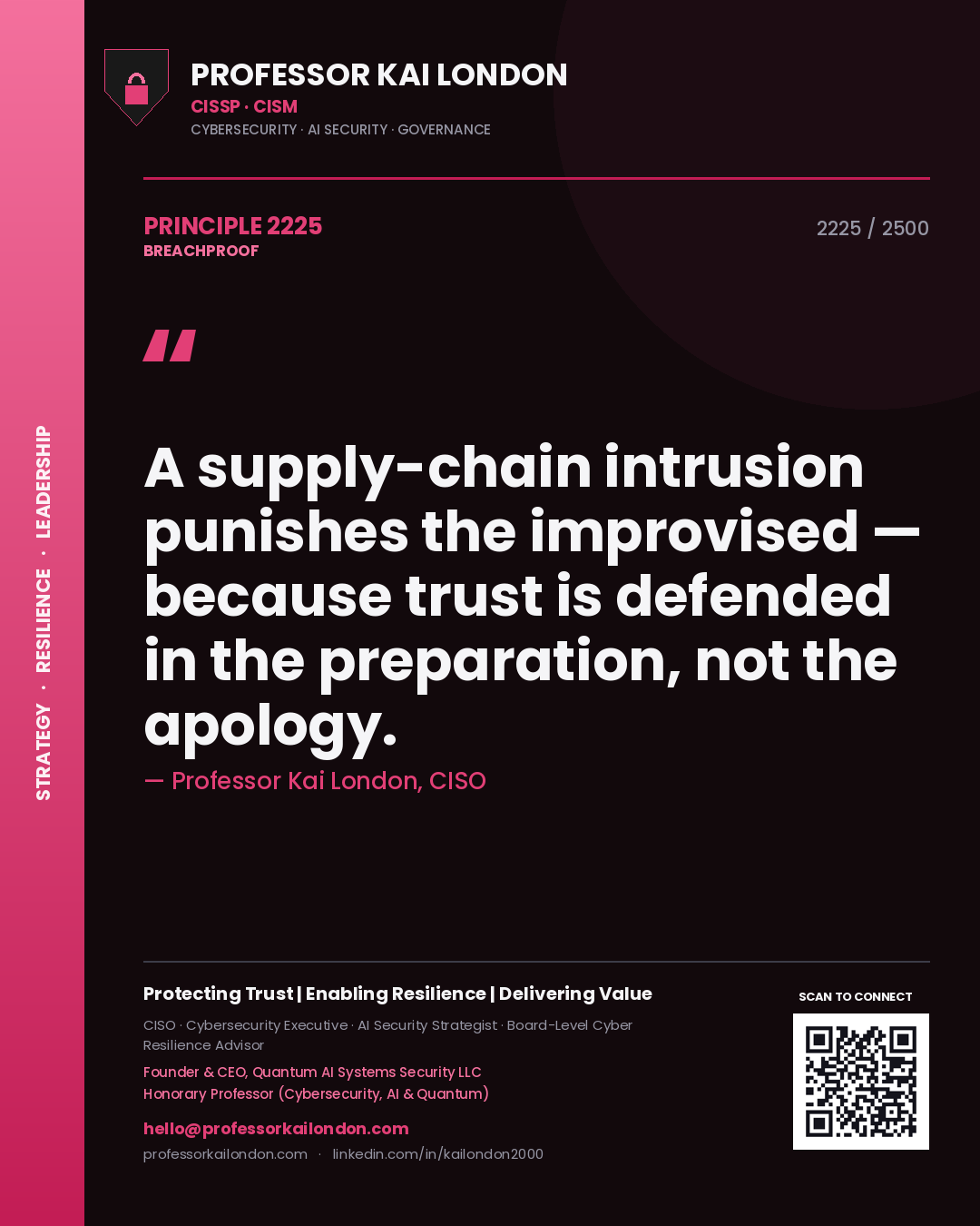 Quote card by Professor Kai London reading 'A supply-chain intrusion punishes the improvised — because trust is defended in the preparation, not the apology.'. From the book Breachproof.
