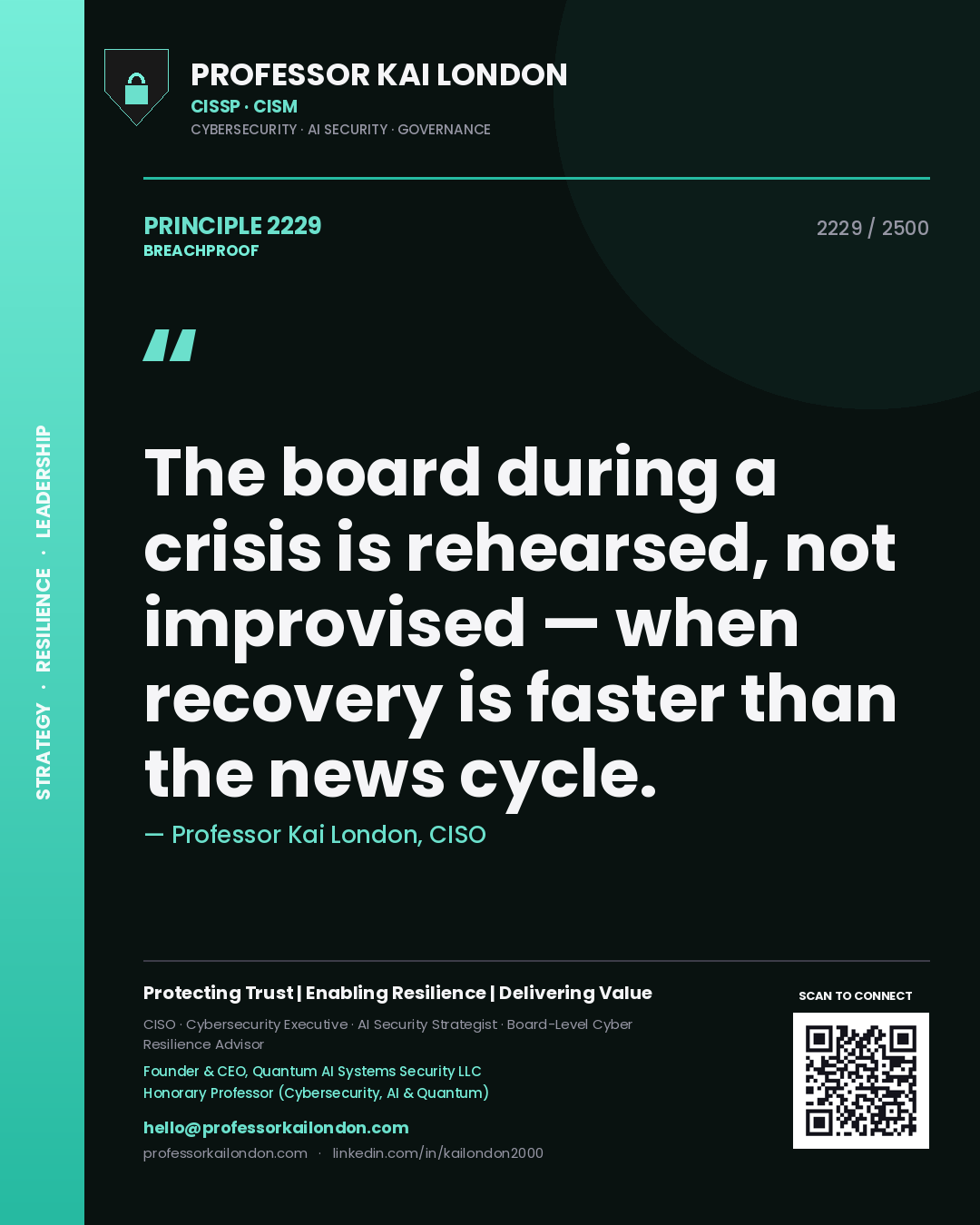 Quote card by Professor Kai London reading 'The board during a crisis is rehearsed, not improvised — when recovery is faster than the news cycle.'. From the book Breachproof.