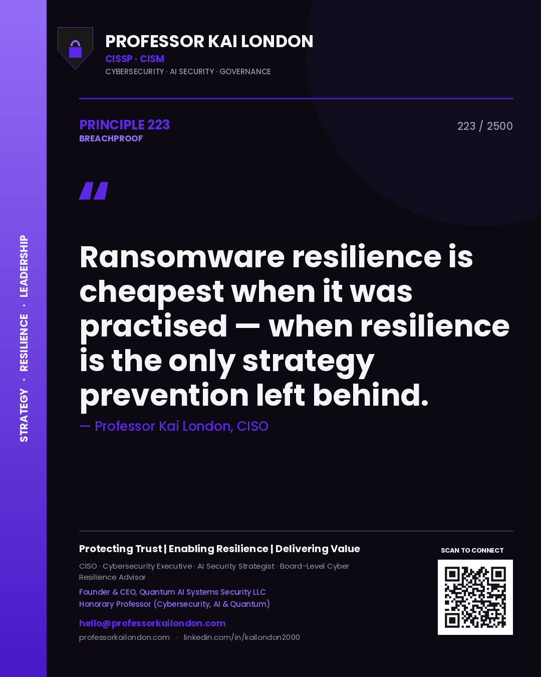 Quote card by Professor Kai London reading 'Ransomware resilience is cheapest when it was practised — when resilience is the only strategy prevention left behind.'. From the book Breachproof.