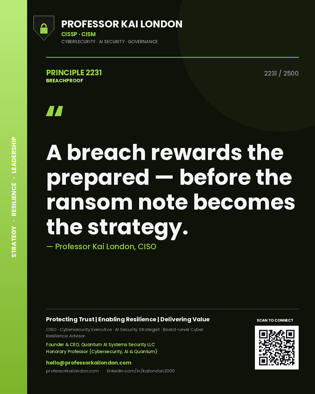 Quote card by Professor Kai London reading 'A breach rewards the prepared — before the ransom note becomes the strategy.'. From the book Breachproof.