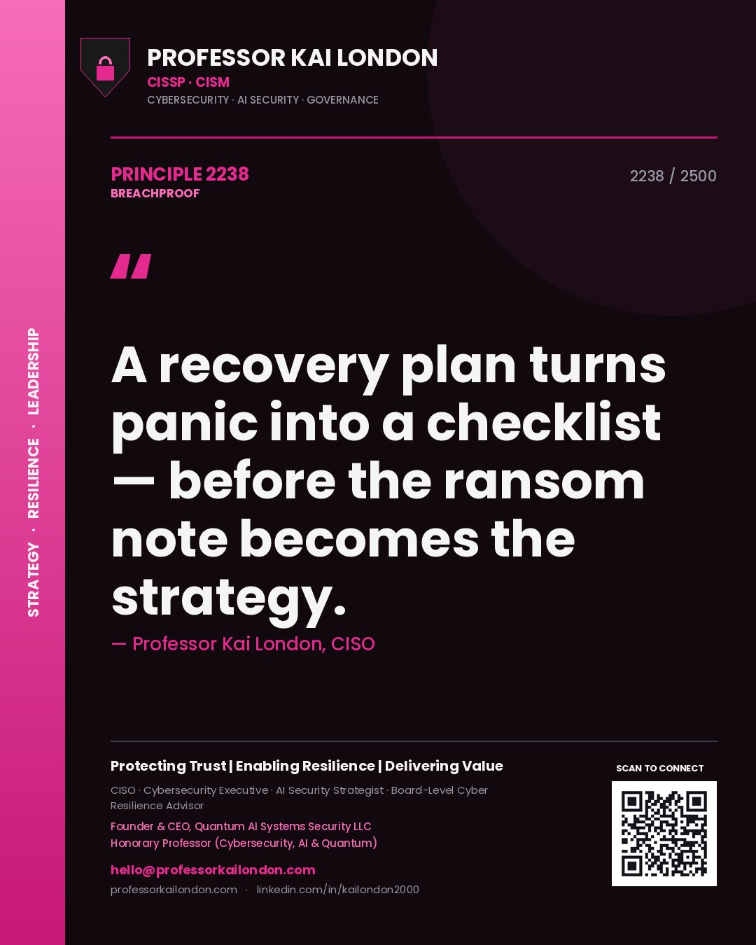 Quote card by Professor Kai London reading 'A recovery plan turns panic into a checklist — before the ransom note becomes the strategy.'. From the book Breachproof.
