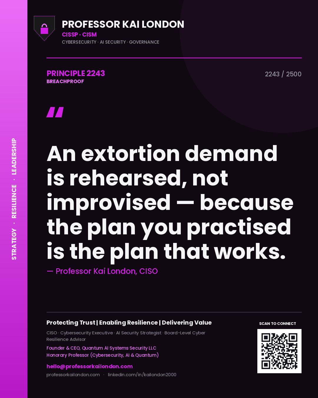 Professor Kai London principle 2243: An extortion demand is rehearsed, not improvised — because the plan you practised is the plan that works.