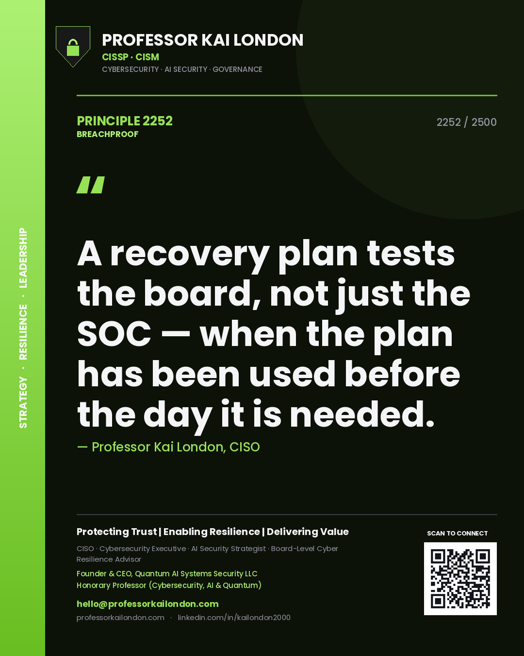 Professor Kai London principle 2252: A recovery plan tests the board, not just the SOC — when the plan has been used before the day it is needed.