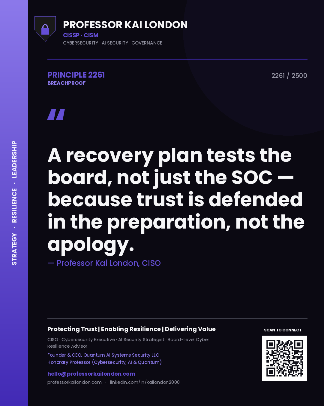Professor Kai London principle 2261: A recovery plan tests the board, not just the SOC — because trust is defended in the preparation, not the apology.