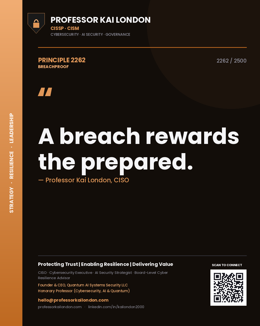 Quote card by Professor Kai London reading 'A breach rewards the prepared.'. From the book Breachproof.