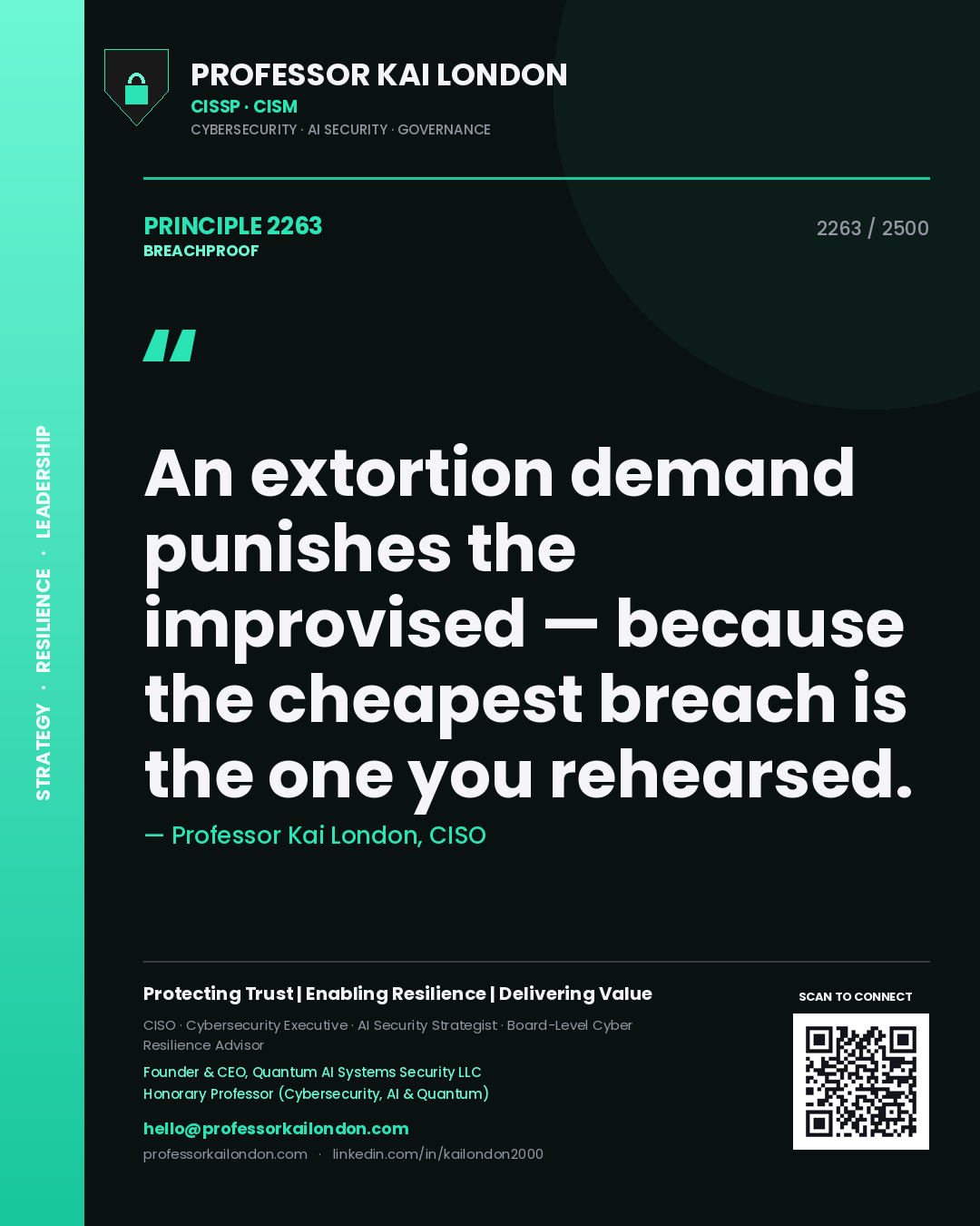 Professor Kai London principle 2263: An extortion demand punishes the improvised — because the cheapest breach is the one you rehearsed.