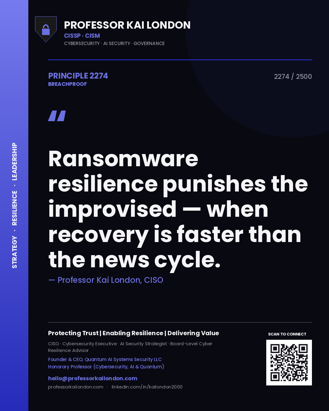 Quote card by Professor Kai London reading 'Ransomware resilience punishes the improvised — when recovery is faster than the news cycle.'. From the book Breachproof.