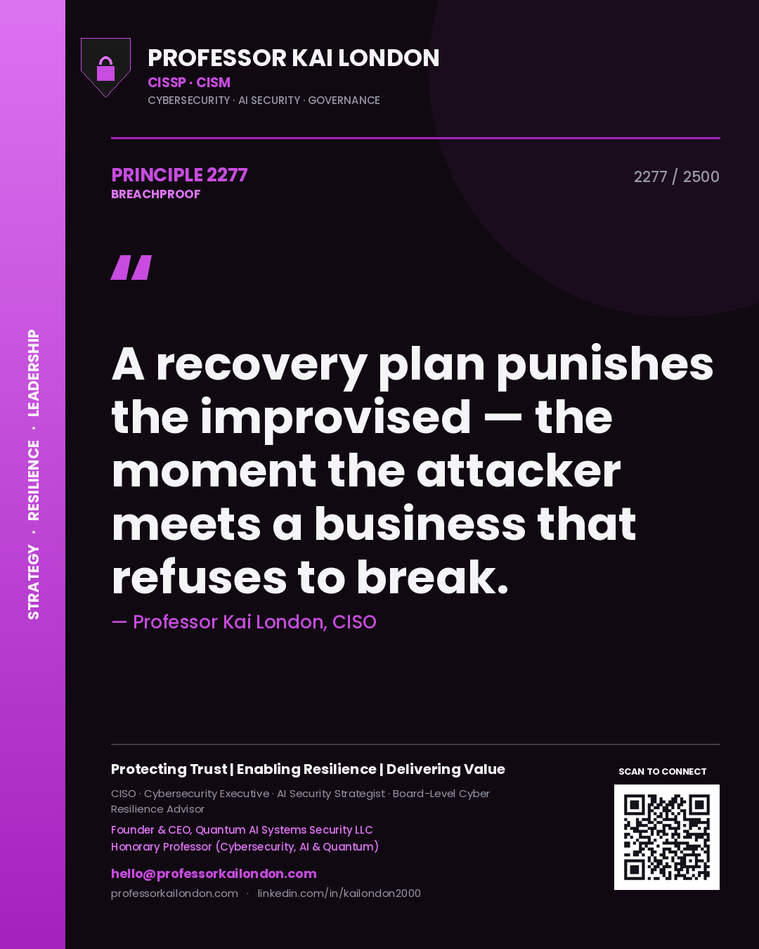 Quote card by Professor Kai London reading 'A recovery plan punishes the improvised — the moment the attacker meets a business that refuses to break.'. From the book Breachproof.