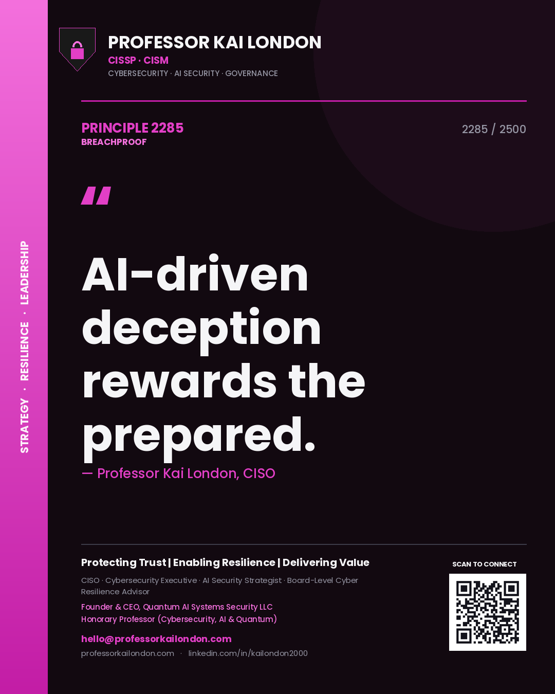 Quote card by Professor Kai London reading 'AI-driven deception rewards the prepared.'. From the book Breachproof.