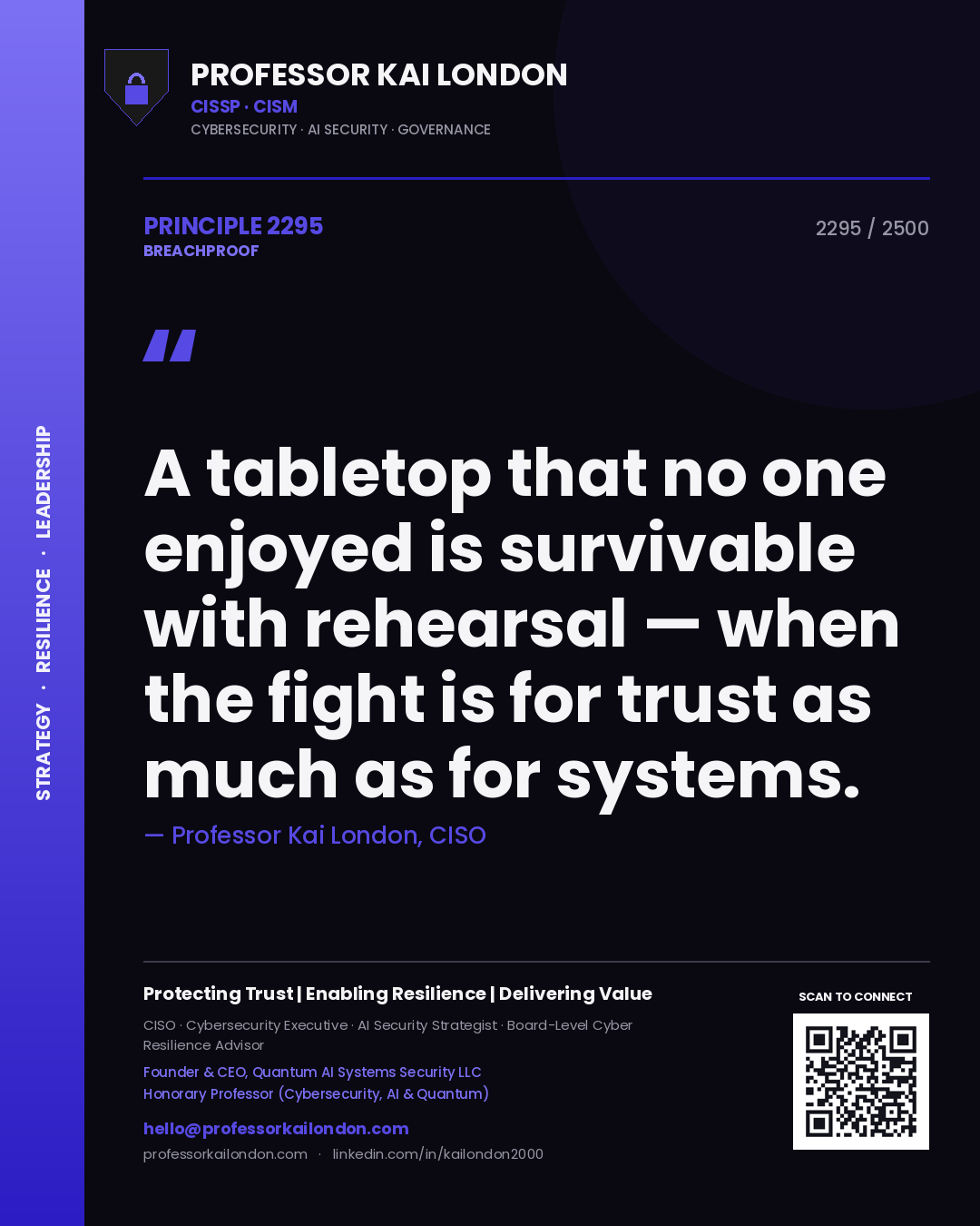 Quote card by Professor Kai London reading 'A tabletop that no one enjoyed is survivable with rehearsal — when the fight is for trust as much as for systems.'. From the book Breachproof.