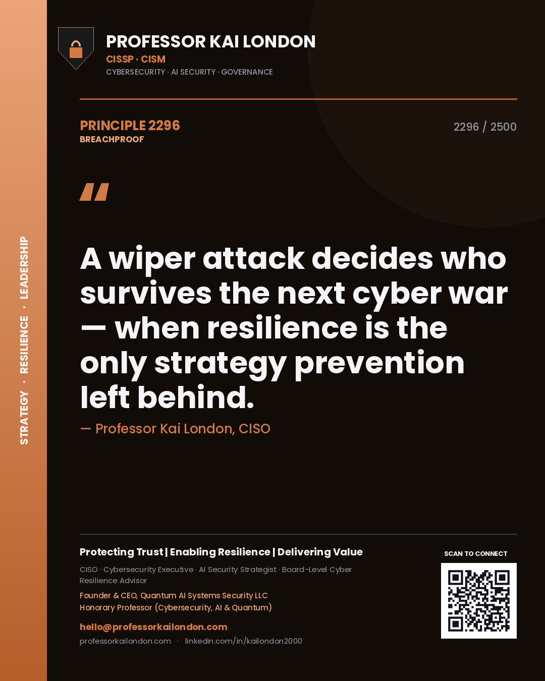 Professor Kai London principle 2296: A wiper attack decides who survives the next cyber war — when resilience is the only strategy prevention left behind.