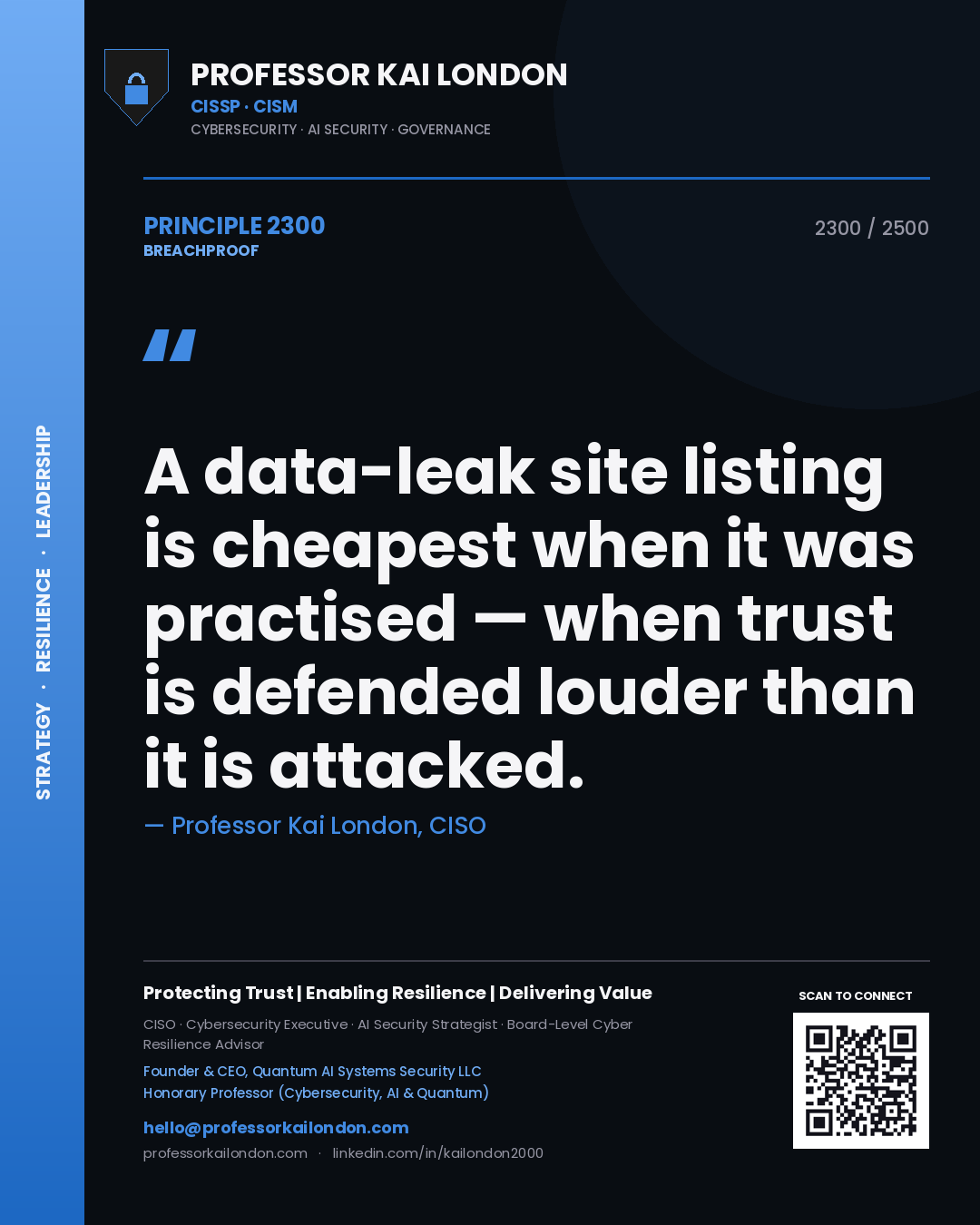 Quote card by Professor Kai London reading 'A data-leak site listing is cheapest when it was practised — when trust is defended louder than it is attacked.'. From the book Breachproof.
