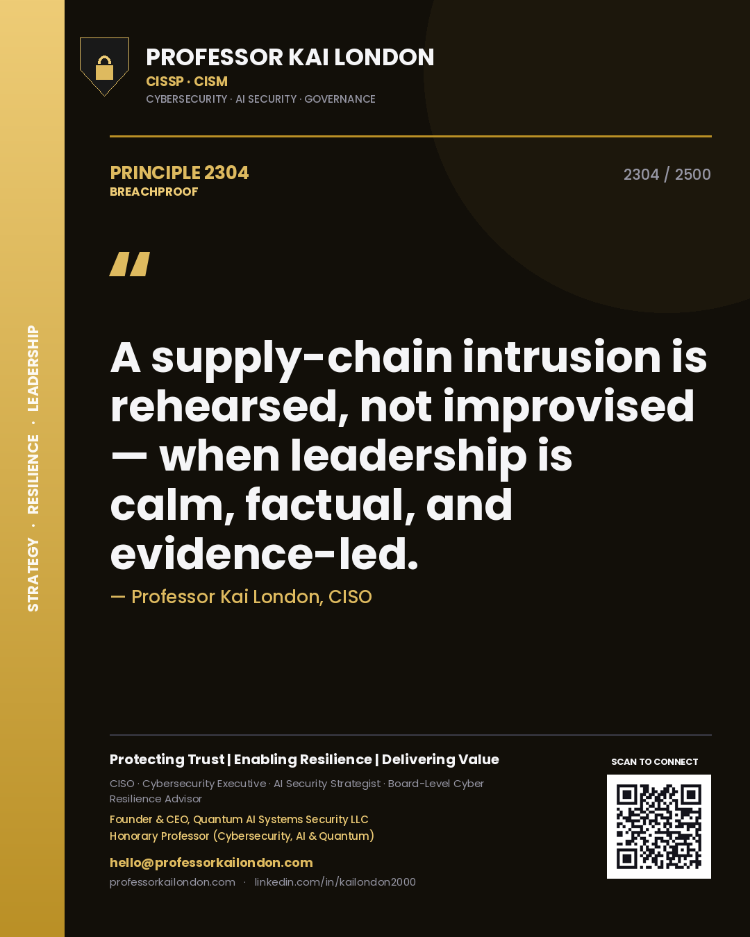 Quote card by Professor Kai London reading 'A supply-chain intrusion is rehearsed, not improvised — when leadership is calm, factual, and evidence-led.'. From the book Breachproof.