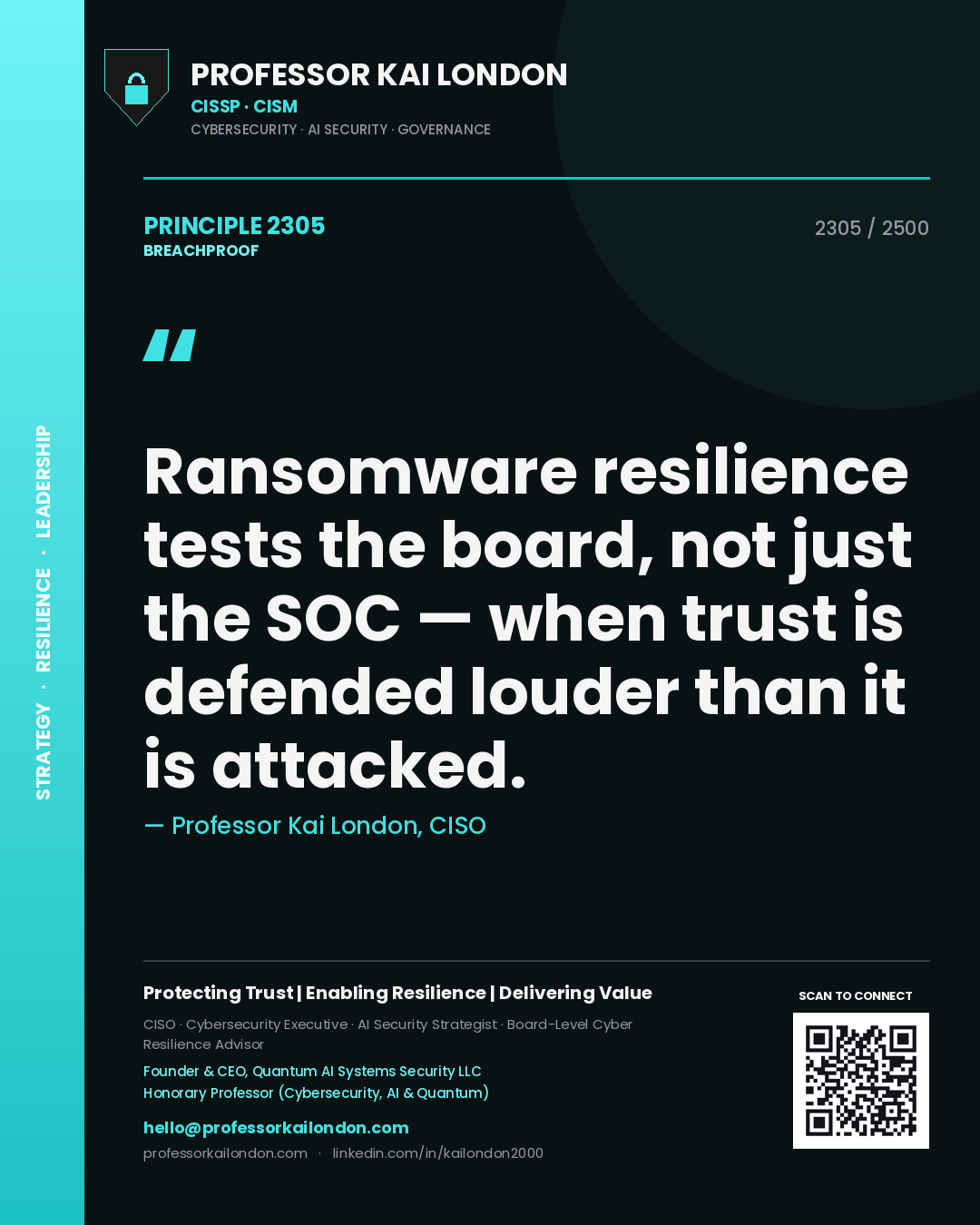 Quote card by Professor Kai London reading 'Ransomware resilience tests the board, not just the SOC — when trust is defended louder than it is attacked.'. From the book Breachproof.