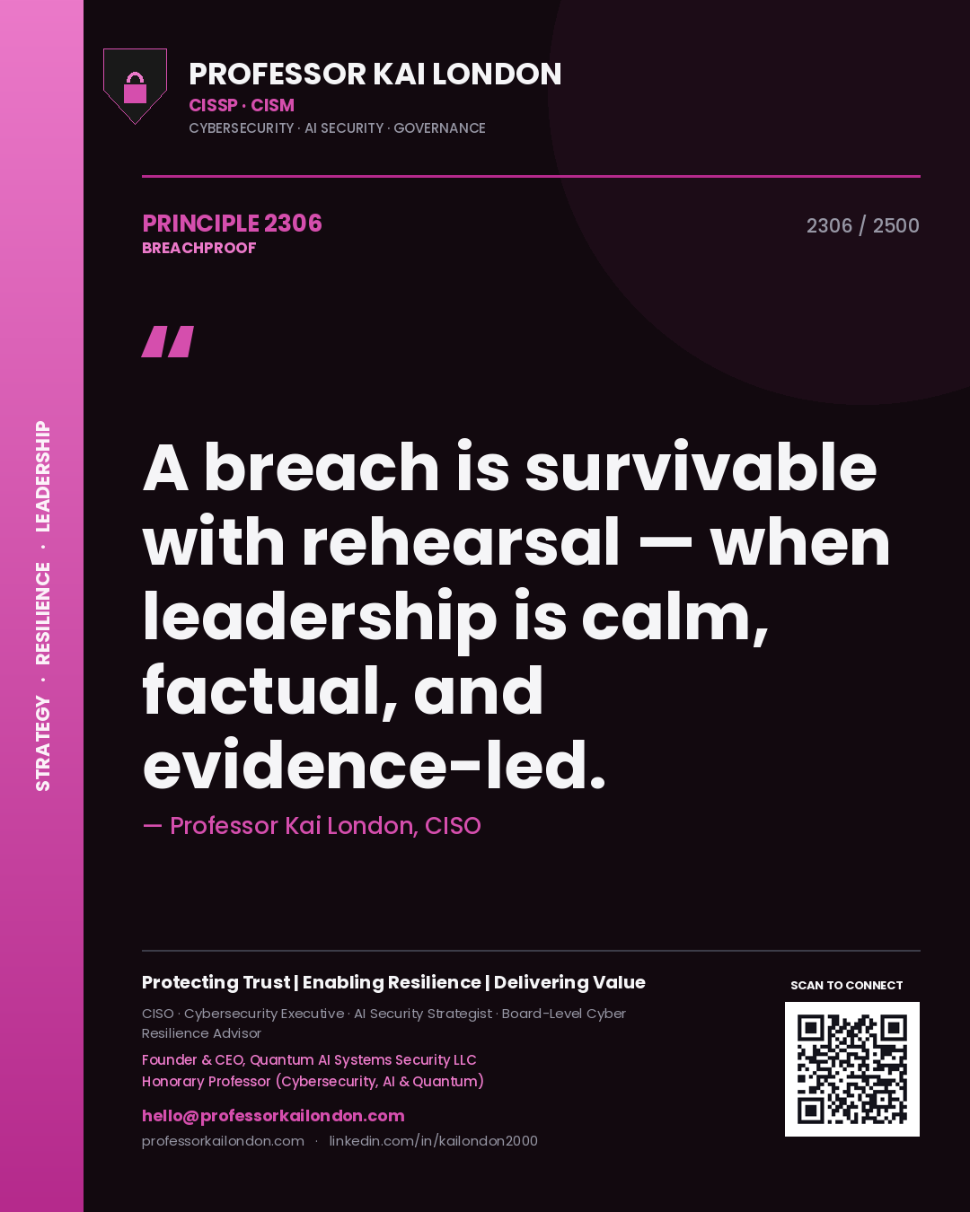 Quote card by Professor Kai London reading 'A breach is survivable with rehearsal — when leadership is calm, factual, and evidence-led.'. From the book Breachproof.